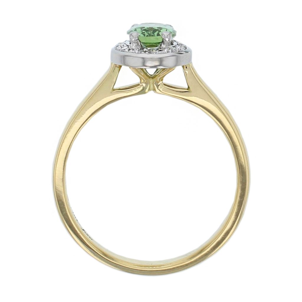 alternative engagement ring, 18ct yellow gold & platinum ladies oval cut green tourmaline & diamond designer cluster engagement ring designed & hand crafted by Faller of Derry/ Londonderry, halo dress ring, precious gem jewellery, jewelry