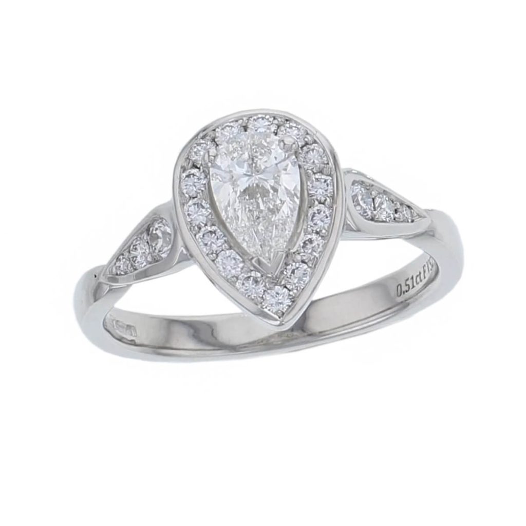 pear cut diamond cluster engagement ring, platinum, designer, handmade by Faller, hand crafted, betrothal, promise, precious jewellery, jewelry, hand crafted dress ring