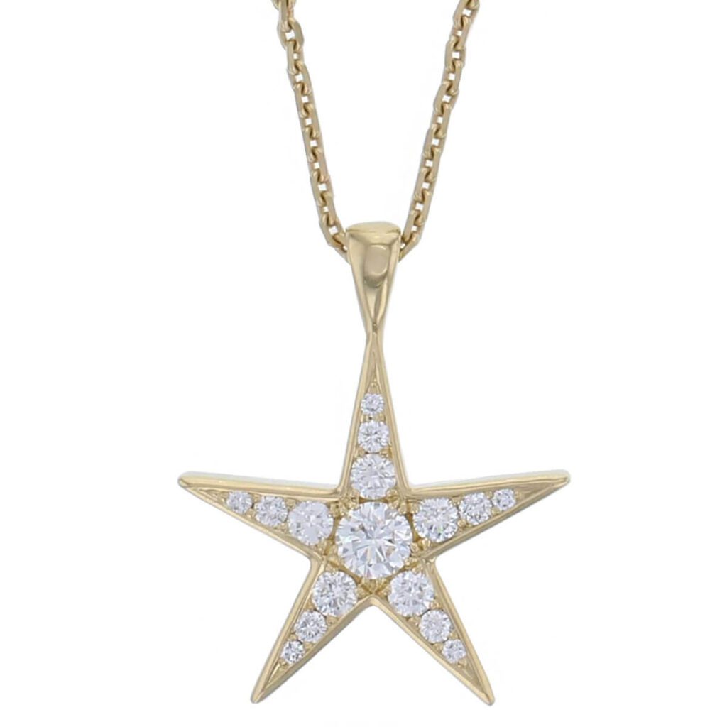 star pendant, star necklace, Faller round brilliant cut diamond 18ct yellow gold ladies pendant with chain, 18kt, designer, handmade by Faller, Derry/ Londonderry, hand crafted, precious jewellery, jewelry