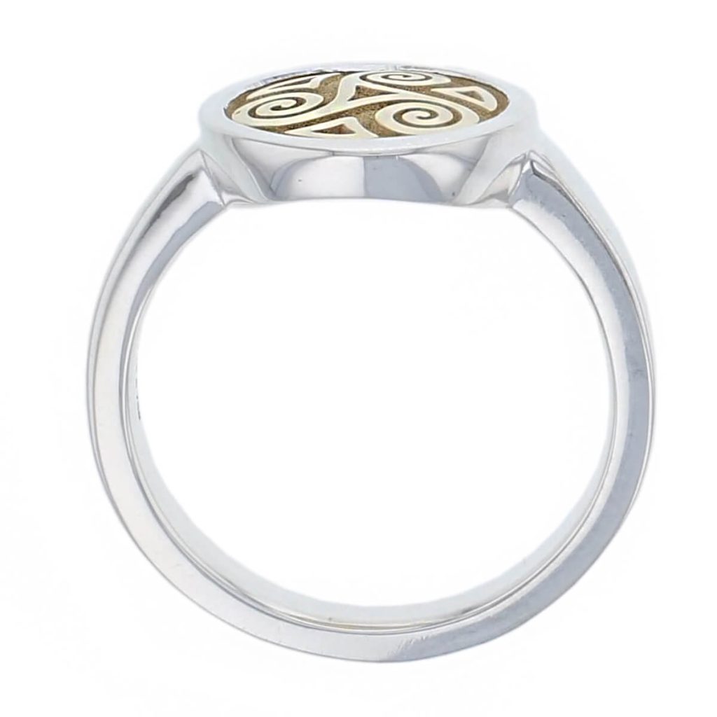 Sterling silver & 18ct yellow gold ring, celtic, ancient, heritage, Christian, Faller, medieval, men’s jewellery, jewelry, triple spiral, dress ring, ladies ring, silver ring