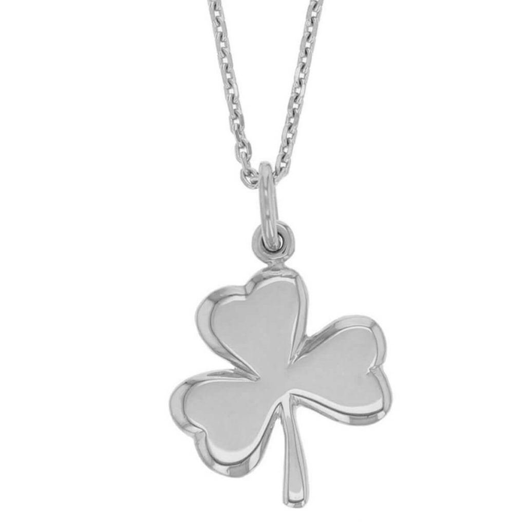 18ct white gold shamrock pendant, symbol of St. Patrick, holy trinity, Ireland, faith, hope, love, charm, designer handmade by Faller, Derry/ Londonderry, Irish hand crafted, clover