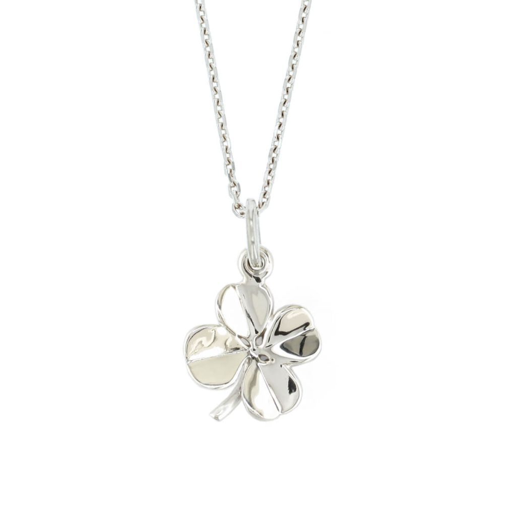 18ct white gold four leaf clover pendant, symbol of luck, faith, hope and love, charm, Ireland, designer handmade by Faller, Derry/ Londonderry, Irish hand crafted