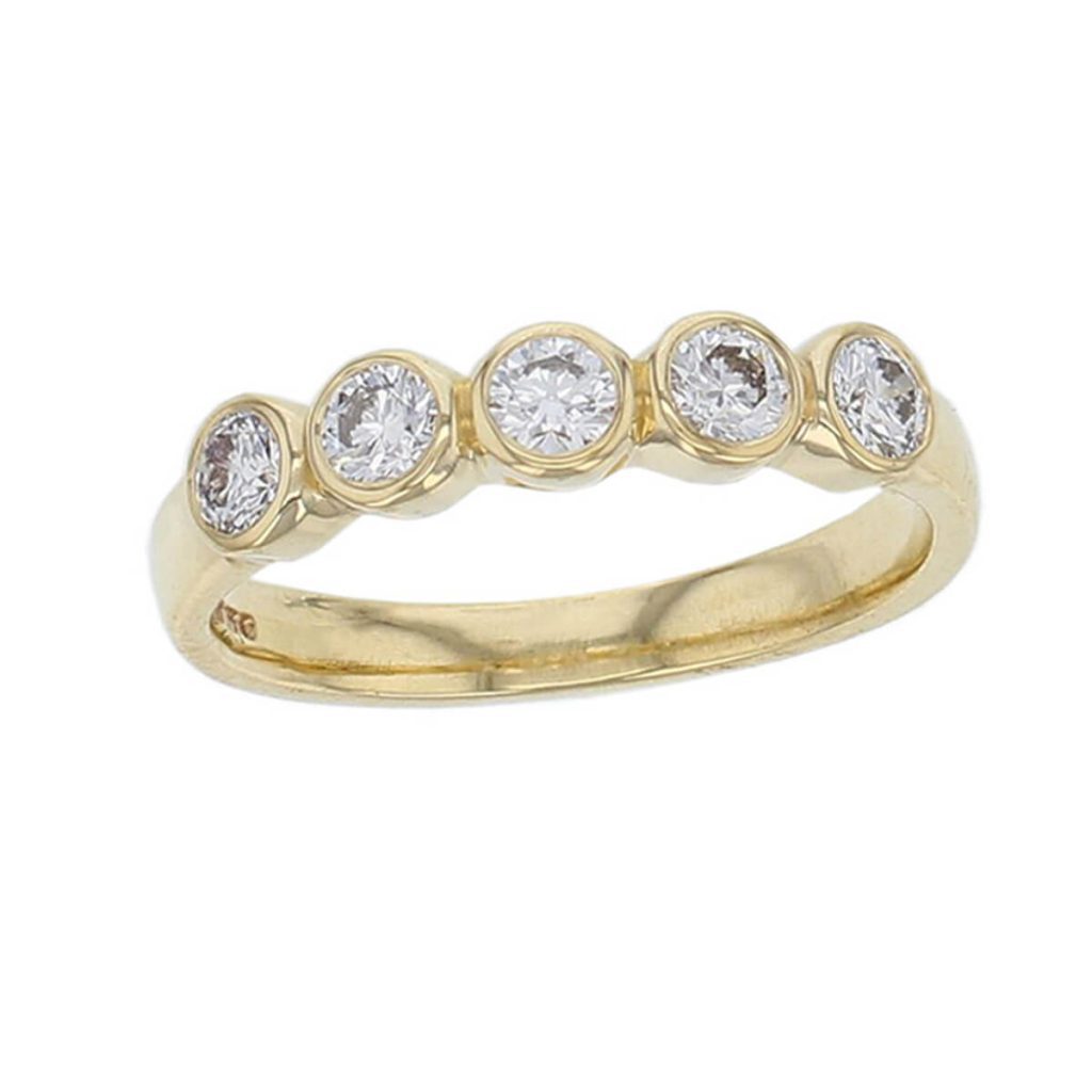 18ct yellow gold ladies 5 round brilliant cut rim set diamond eternity ring, woman’s bridal, personalised engraving, court profile, comfort fit, precious jewellery by Faller of Derry/ Londonderry, jewelry