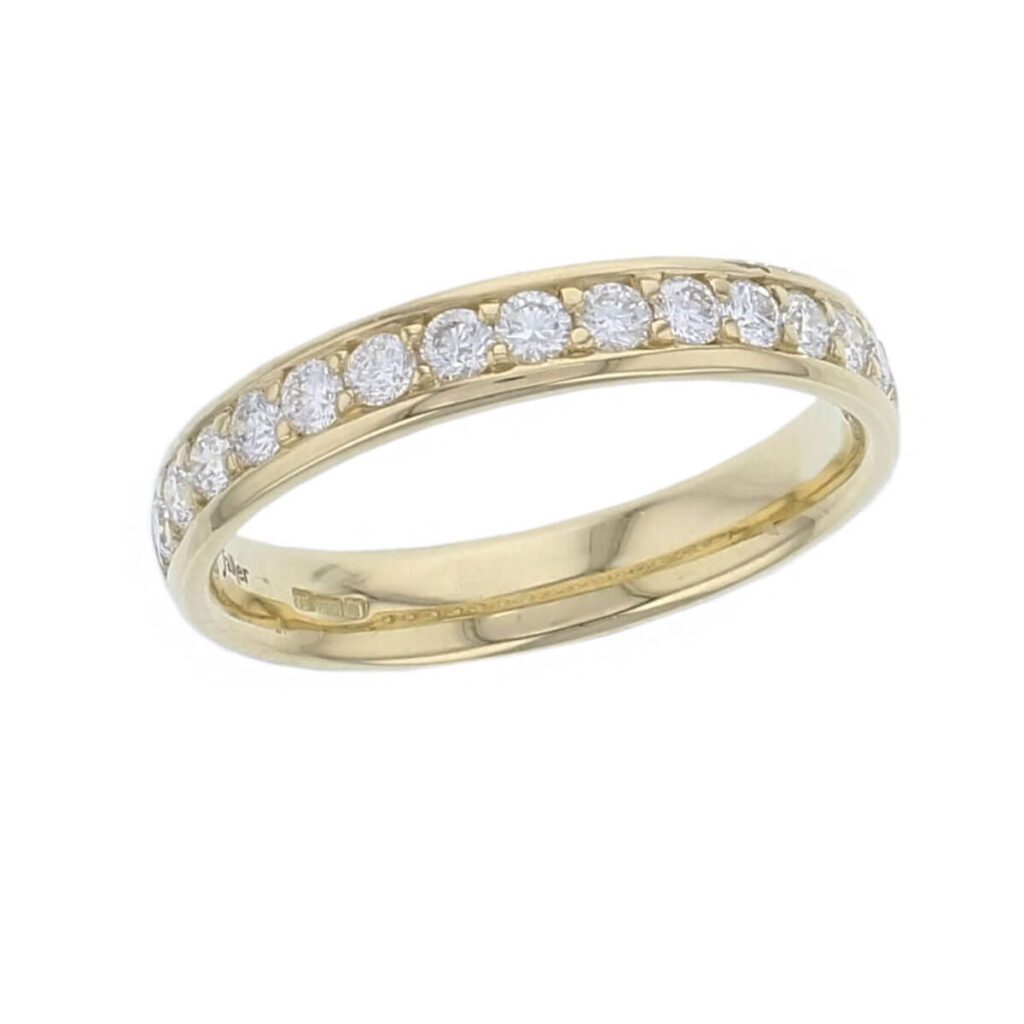 3.6mm wide 18ct yellow gold ladies round brilliant diamond set wedding ring, woman’s bridal, diamond grain set eternity ring, personalised engraving, court profile, comfort fit, precious jewellery by Faller of Derry/ Londonderry, jewelry,
