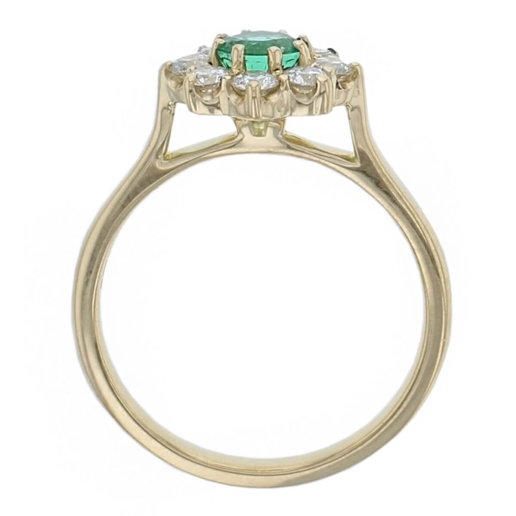 alternative engagement ring, 18ct yellow gold ladies round brilliant cut emerald & diamond designer cluster/halo engagement ring designed & hand crafted by Faller of Derry/ Londonderry, cluster/halo dress ring, precious green gem jewellery