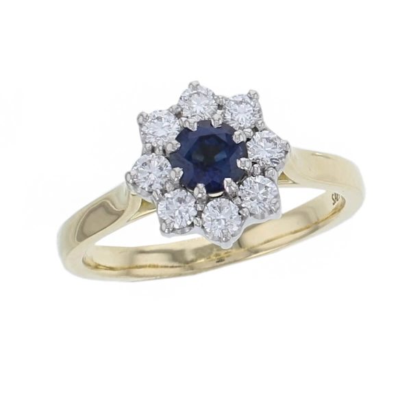 alternative engagemnt ring, 18ct yellow gold & platinum ladies round brilliant cut blue sapphire & diamond designer cluster engagement ring designed & hand crafted by Faller of Derry/ Londonderry, halo dress ring, precious gem jewellery, jewelry