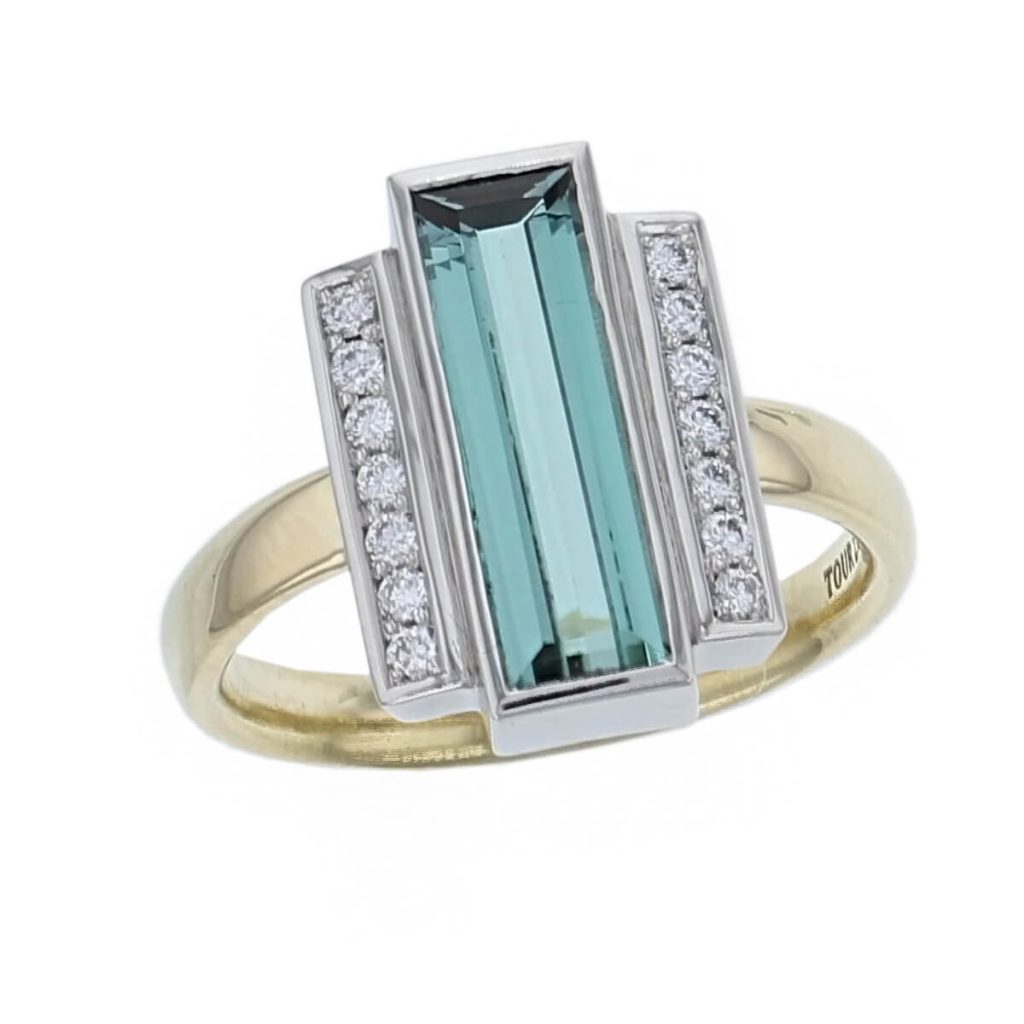 18ct yellow gold & platinum octagon green tourmaline shoulder set ring