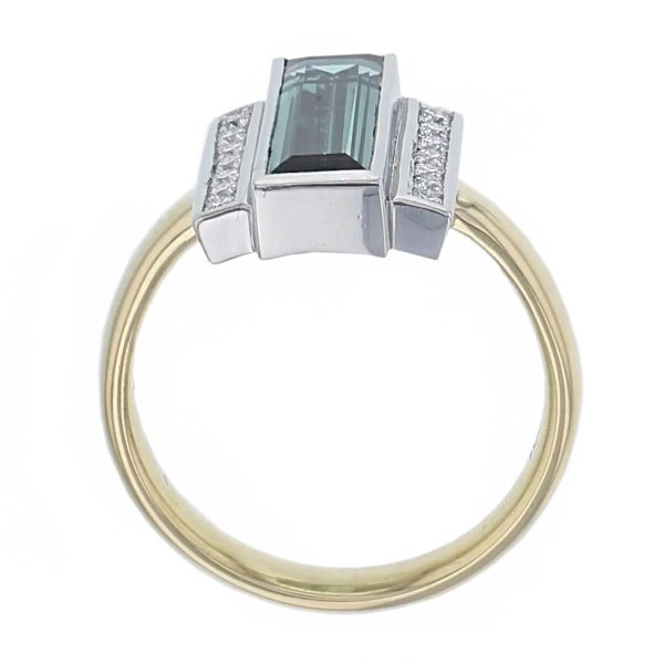 18ct yellow gold & platinum octagon green tourmaline shoulder set ring