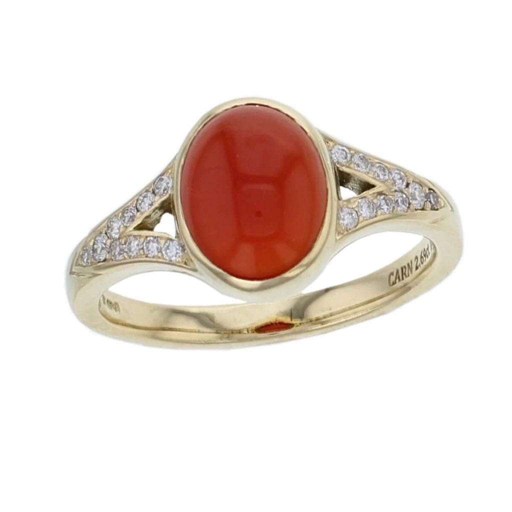 carnelian diamond ring, 18ct yellow gold oval cut cabochon carnelian gemstone & diamond multistone dress ring, designer jewellery, gem, jewelry, handmade by Faller, Derry, Londonderry, Northern Ireland, Irish hand crafted, shoulder set