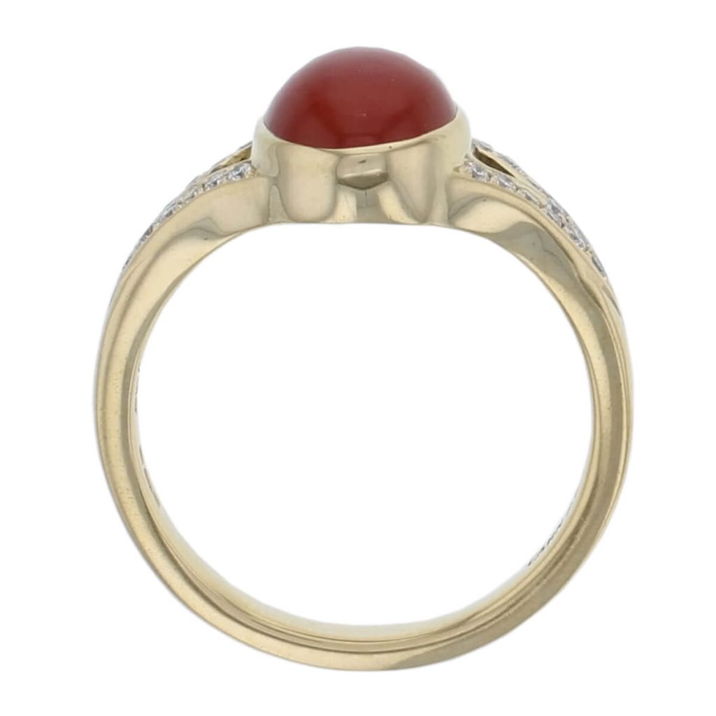 carnelian diamond ring, 18ct yellow gold oval cut cabochon carnelian gemstone & diamond multistone dress ring, designer jewellery, gem, jewelry, handmade by Faller, Derry, Londonderry, Northern Ireland, Irish hand crafted, shoulder set