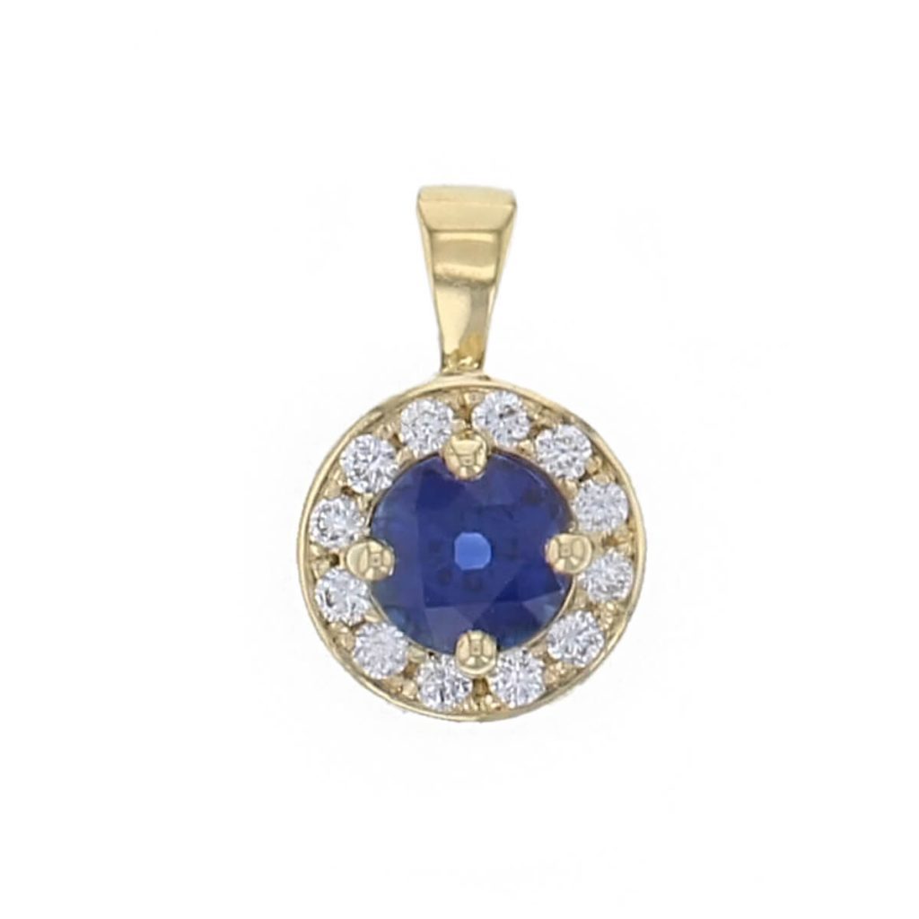 18ct yellow gold ladies brilliant cut sapphire & diamond designer cluster pendant designed & hand crafted by Faller of Derry/ Londonderry, halo pendant, precious blue gem jewellery, jewelry,