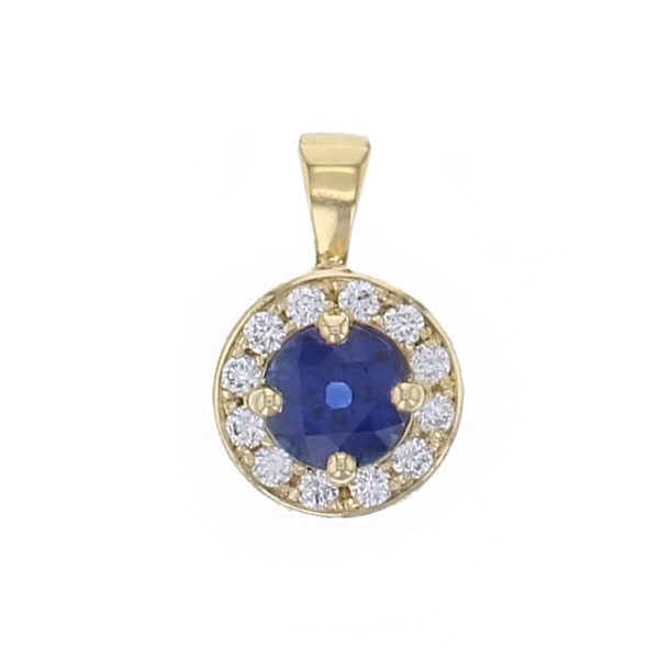 18ct yellow gold ladies brilliant cut sapphire & diamond designer cluster pendant designed & hand crafted by Faller of Derry/ Londonderry, halo pendant, precious blue gem jewellery, jewelry,