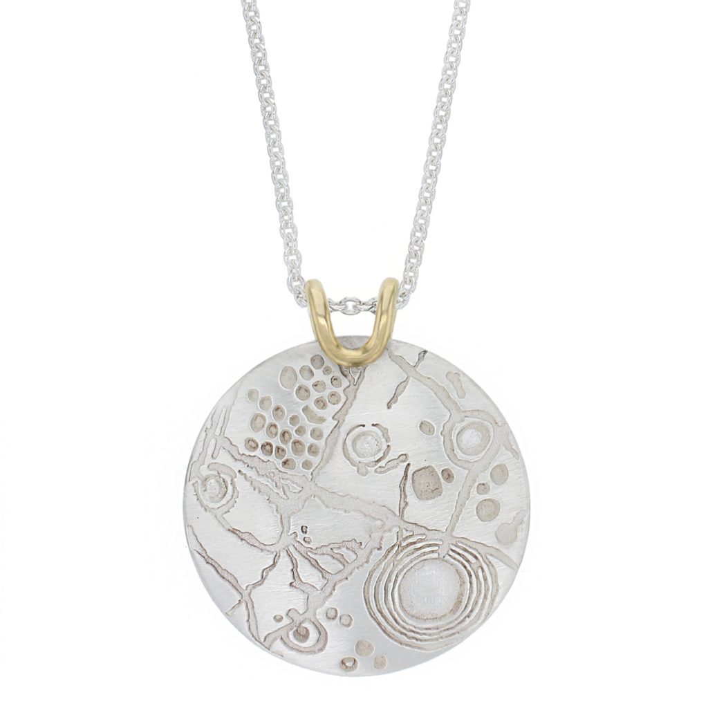 Prehistoric rock art, Ardmore Gallan sterling silver large disc pendant with 18ct gold wire detail and silver chain