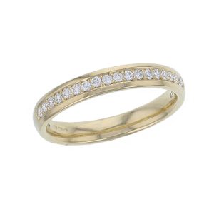 3.2mm wide 18ct yellow gold ladies round brilliant diamond set wedding ring, woman’s bridal, diamond grain set eternity ring, personalised engraving, court profile, comfort fit, precious jewellery by Faller of Derry/ Londonderry, jewelry,