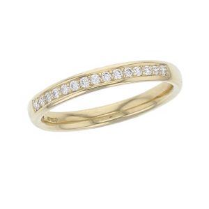 2.8mm wide 18ct yellow gold ladies round brilliant diamond set wedding ring, woman’s bridal, diamond grain set eternity ring, personalised engraving, court profile, comfort fit, precious jewellery by Faller of Derry/ Londonderry, jewelry,