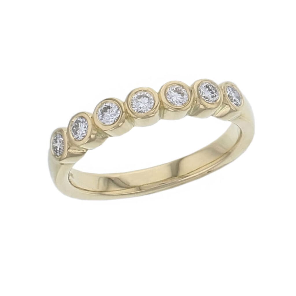 18ct yellow gold ladies 7 round brilliant cut rim set diamond eternity ring, woman’s bridal, personalised engraving, court profile, comfort fit, precious jewellery by Faller of Derry/ Londonderry, jewelry