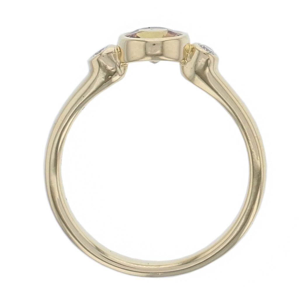 18ct yellow gold round brilliant cut diamond & round cut yellow sapphire trilogy ring designer three stone dress ring handmade by Faller, hand crafted, precious jewellery, jewelry, ladies, woman