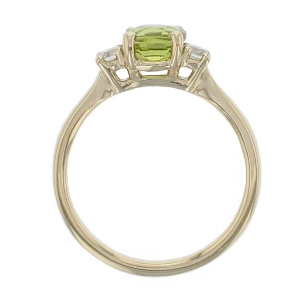 alternative engagement ring, 18ct yellow gold green cushion cut peridot gemstone dress ring, designer jewellery, gem, jewelry, handmade by Faller, Londonderry, Northern Ireland, Irish hand crafted