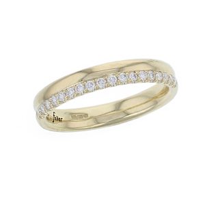 18ct yellow gold diamond set wedding ring, woman’s bridal, diamond eternity ring, personalised engraving, court profile, comfort fit, precious jewellery by Faller of Derry/ Londonderry, jewelry, grain set, claw set, off centre