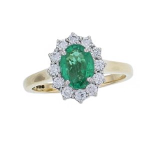 alternative engagement ring, 18ct yellow gold & platinum ladies oval cut emerald & diamond designer cluster/halo engagement ring designed & hand crafted by Faller of Derry/ Londonderry, cluster/halo dress ring, precious green gem jewellery