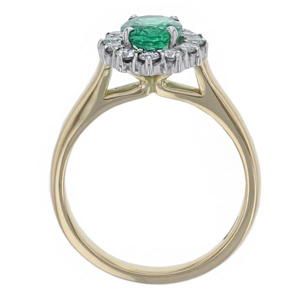 alternative engagement ring, 18ct yellow gold & platinum ladies oval cut emerald & diamond designer cluster/halo engagement ring designed & hand crafted by Faller of Derry/ Londonderry, cluster/halo dress ring, precious green gem jewellery