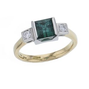 18ct yellow gold & platinum octagon green tourmaline & diamond ring