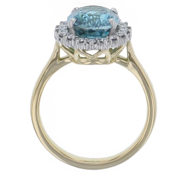 18ct yellow gold & platinum ladies oval cut blue zircon & diamond designer cluster ring designed & hand crafted by Faller of Derry/ Londonderry, halo dress ring, precious gem jewellery, jewelry