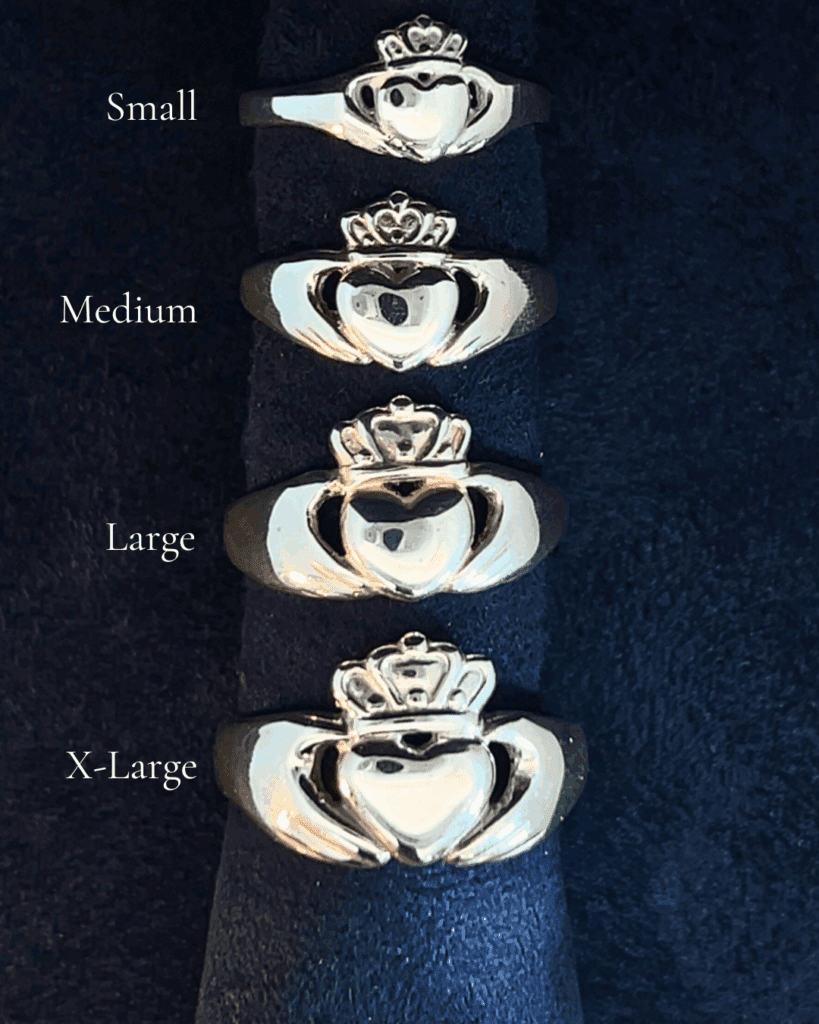 Comparison of our different-sized Claddagh Rings.