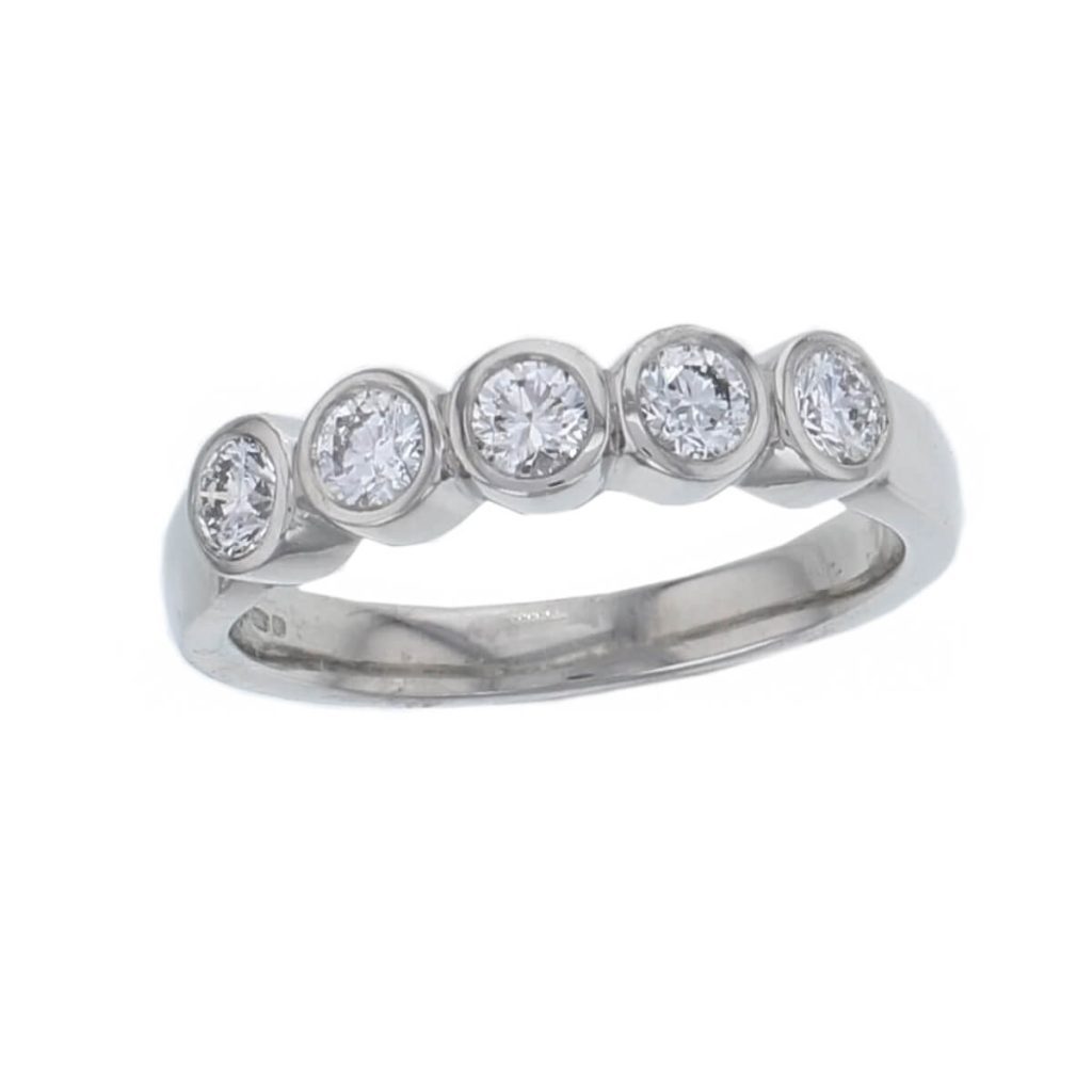 Platinum ladies 5 round brilliant cut rim set diamond eternity ring, woman’s bridal, personalised engraving, court profile, comfort fit, precious jewellery by Faller of Derry/ Londonderry, jewelry