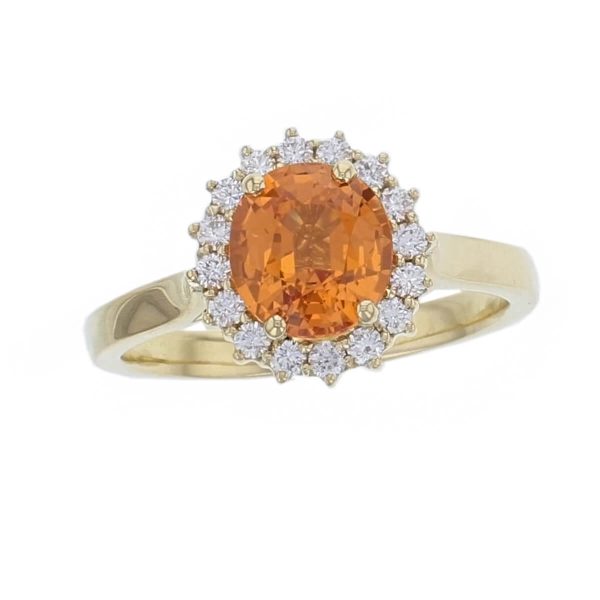 Spessartite Garnet & Diamond 18ct Yellow Gold Trilogy Ring, orange gem