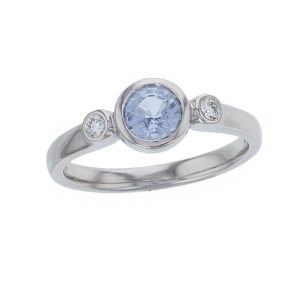platinum round brilliant cut diamond & round cut blue sapphire trilogy ring designer three stone dress ring handmade by Faller, hand crafted, precious jewellery, jewelry, ladies, woman