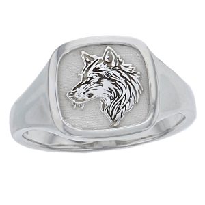 wolf ring, mens ring, patterned dress ring, silver signet dress ring, designed & handcrafted by Faller of Derry/ Londonderry, personalised engraving, precious jewellery, jewelry