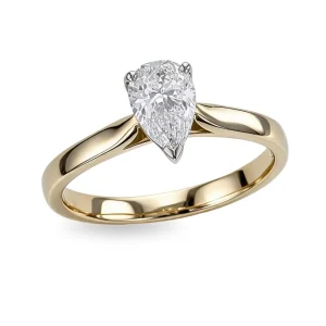 pear cut diamond solitaire engagement ring, platinum & 18ct yellow gold, 18kt, designer, handmade by Faller, hand crafted, betrothal, promise, precious jewellery, jewelry, hand crafted, GIA certified, G.I.A. GIA, 3 claw setting