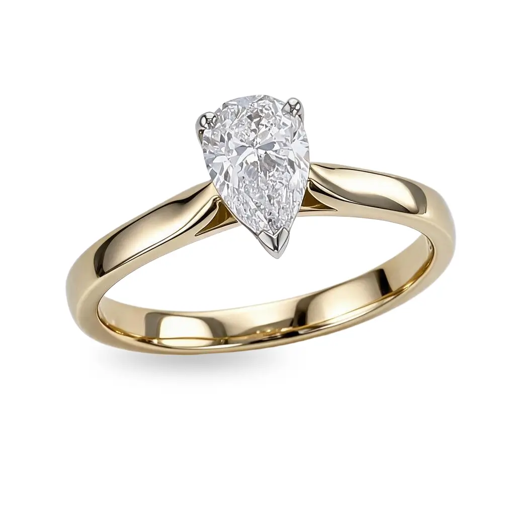 pear cut diamond solitaire engagement ring, platinum & 18ct yellow gold, 18kt, designer, handmade by Faller, hand crafted, betrothal, promise, precious jewellery, jewelry, hand crafted, GIA certified, G.I.A. GIA, 3 claw setting