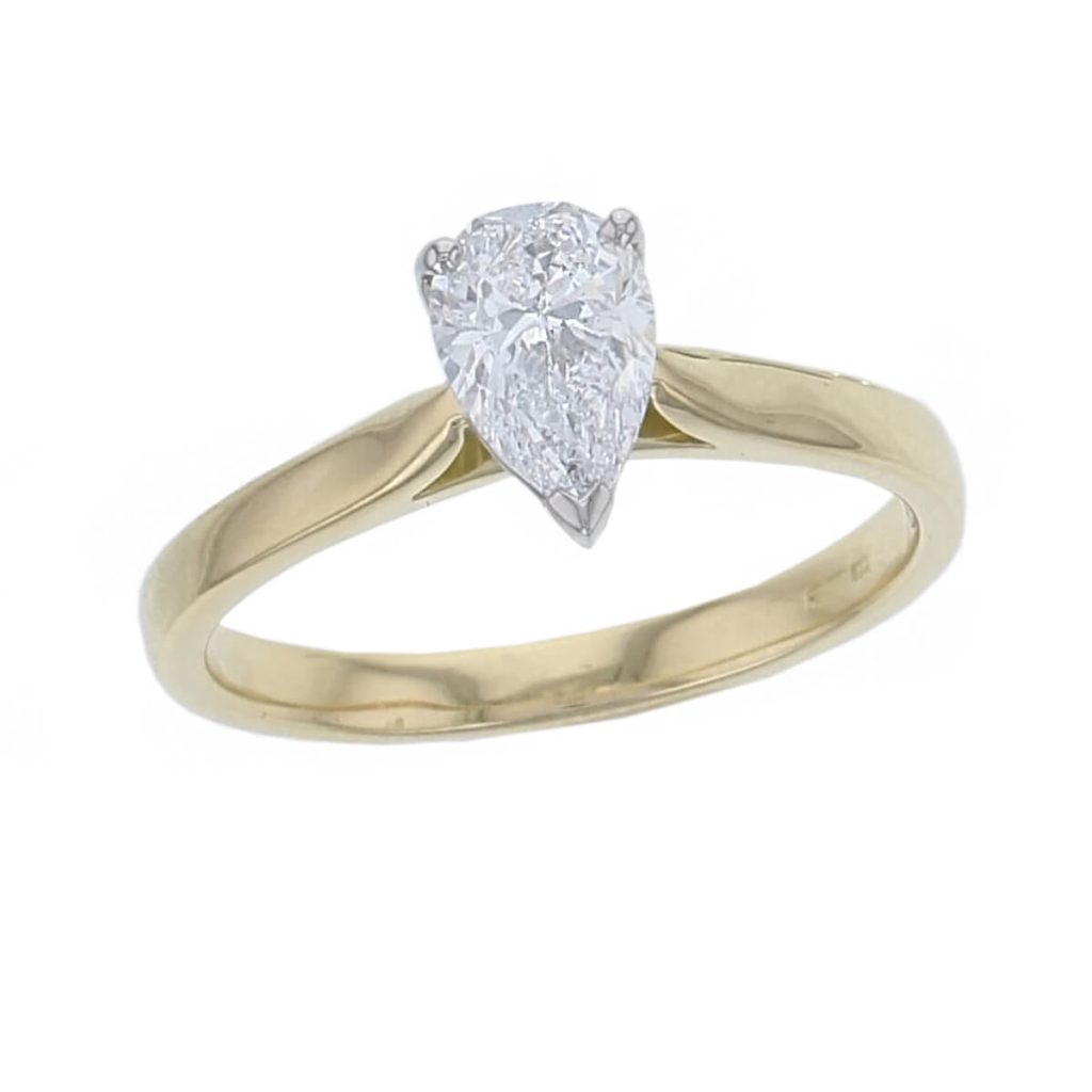 pear cut diamond solitaire engagement ring, platinum & 18ct yellow gold, 18kt, designer, handmade by Faller, hand crafted, betrothal, promise, precious jewellery, jewelry, hand crafted, GIA certified, G.I.A. GIA, 3 claw setting