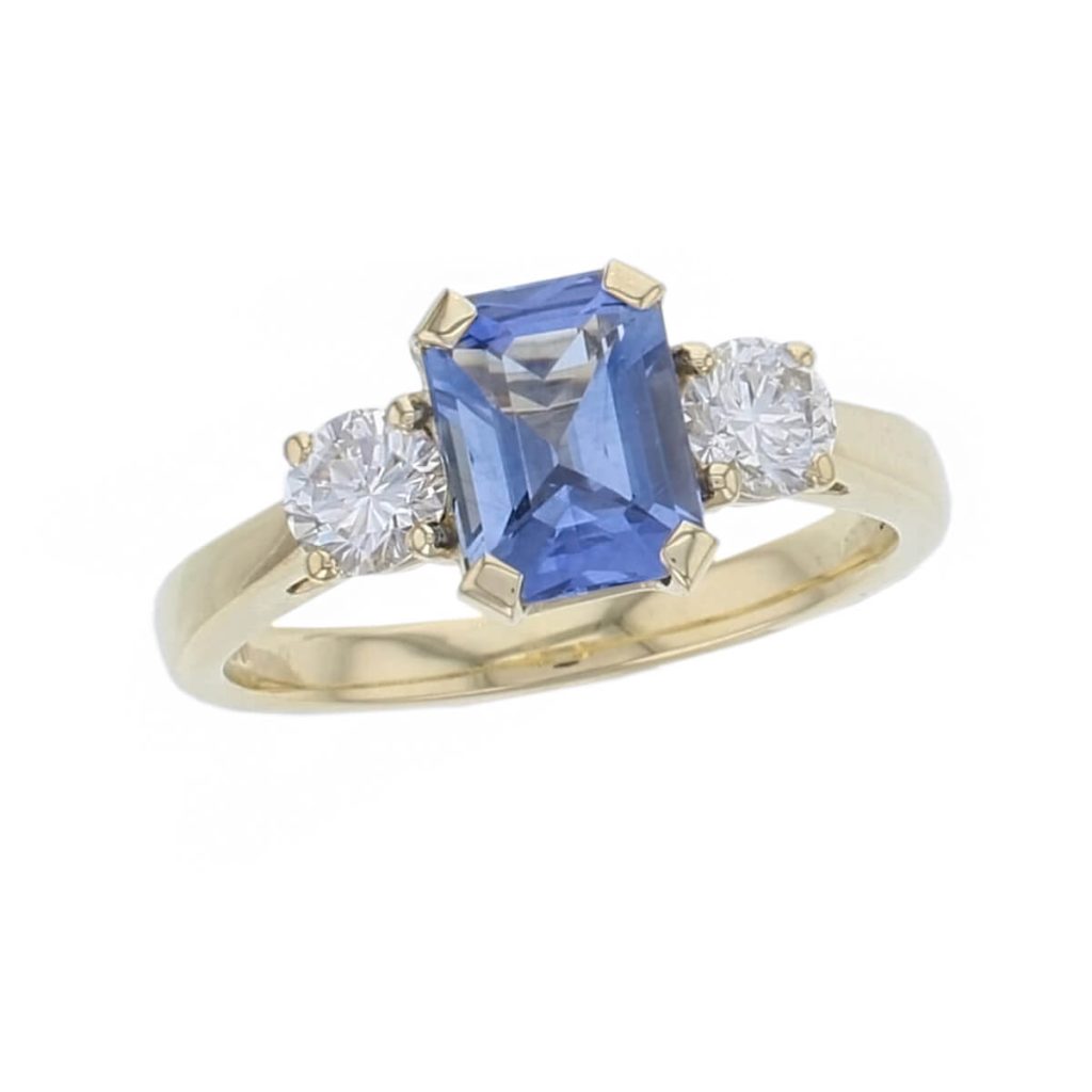 18ct yellow gold ladies octagon cut blue sapphire & diamond designer trilogy engagement ring