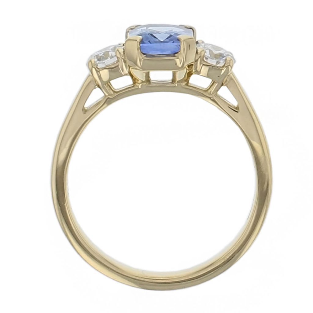 18ct yellow gold ladies octagon cut blue sapphire & diamond designer trilogy engagement ring