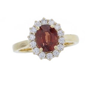 spinel, diamond 18ct yellow gold cluster/halo set ring