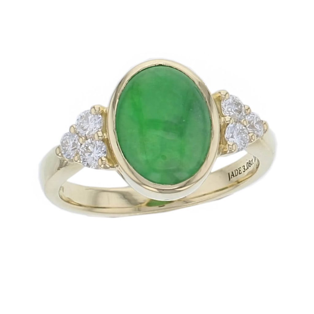 jade, diamond 18ct yellow gold shoulder set ring