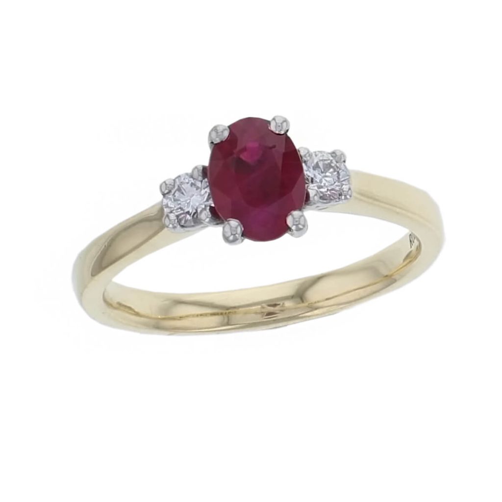 alternative engagement ring, 18ct yellow gold & platinum round brilliant cut diamond & ruby trilogy ring