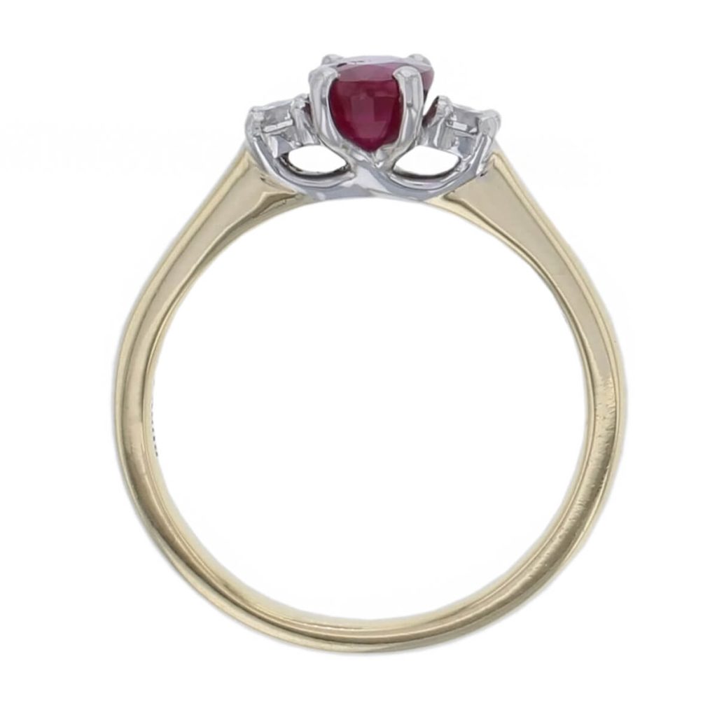 alternative engagement ring, 18ct yellow gold & platinum round brilliant cut diamond & ruby trilogy ring