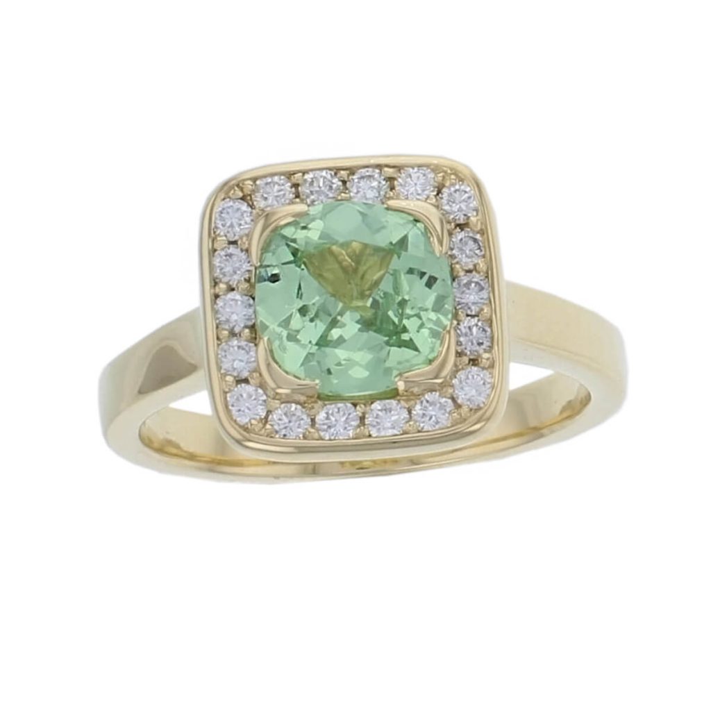 Green garnet & Diamond 18ct Yellow Gold Halo Ring