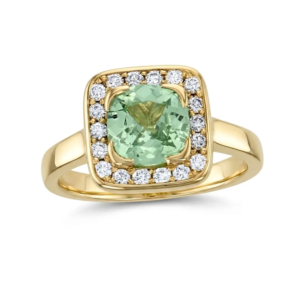 Green garnet & Diamond 18ct Yellow Gold Halo Ring