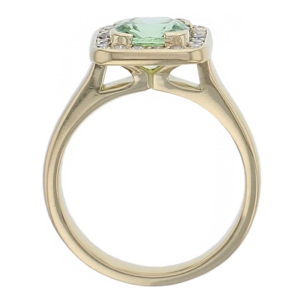 Green garnet & Diamond 18ct Yellow Gold Halo Ring, side view