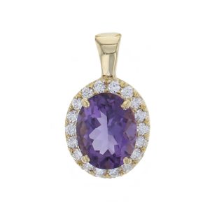 18ct yellow gold ladies oval cut amethyst & diamond designer cluster pendant designed & hand crafted by Faller of Derry/ Londonderry, halo pendant, precious purple gem jewellery, jewelry,