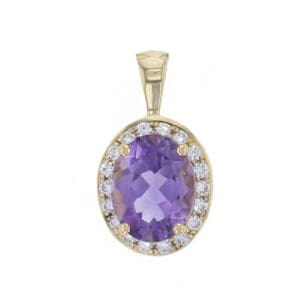 18ct yellow gold ladies oval cut amethyst & diamond halo pendant