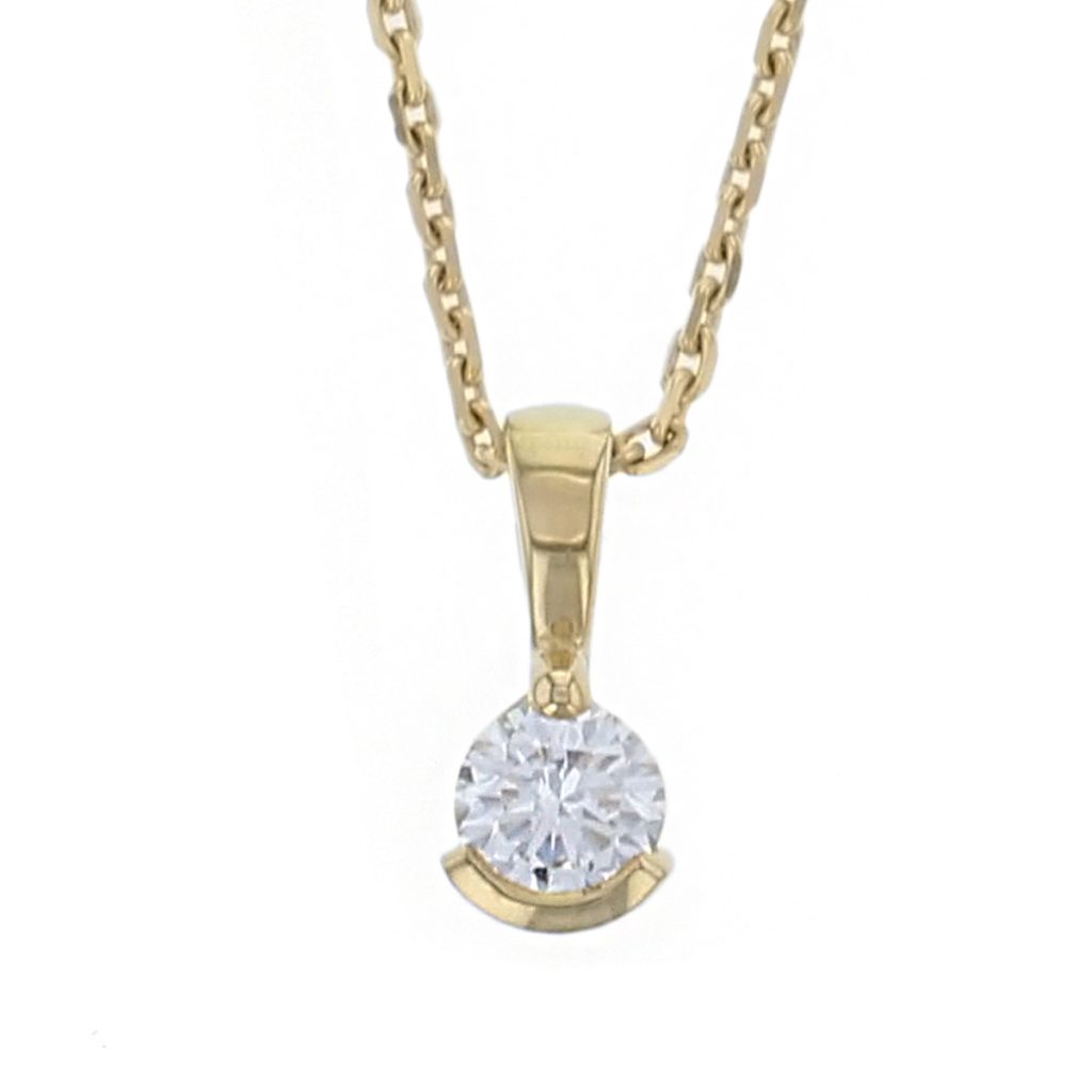 Faller round brilliant cut 1 claw, part rim set diamond 18ct yellow gold ladies solitaire pendant with chain