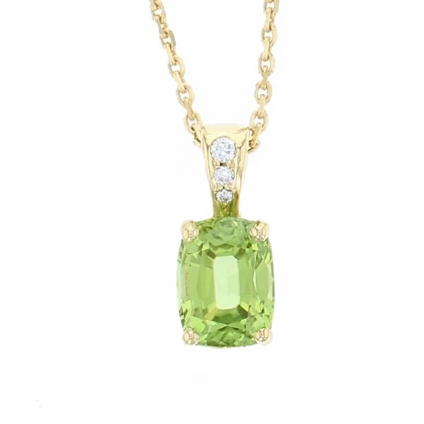 Faller cushion cut peridot gemstone & diamond halo 18ct yellow gold ladies pendant with chain, 18kt, designer, handmade by Faller, Derry/ Londonderry, hand crafted, precious jewellery, jewelry