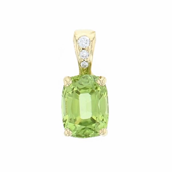 Faller cushion cut peridot gemstone & diamond halo 18ct yellow gold ladies pendant with chain, 18kt, designer, handmade by Faller, Derry/ Londonderry, hand crafted, precious jewellery, jewelry