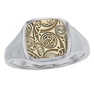 irish ring, celtic ring, mens ring, patterned dress ring, silver 18ct yellow gold signet dress ring, designed & handcrafted by Faller of Derry/ Londonderry, personalised engraving, precious jewellery, jewelry